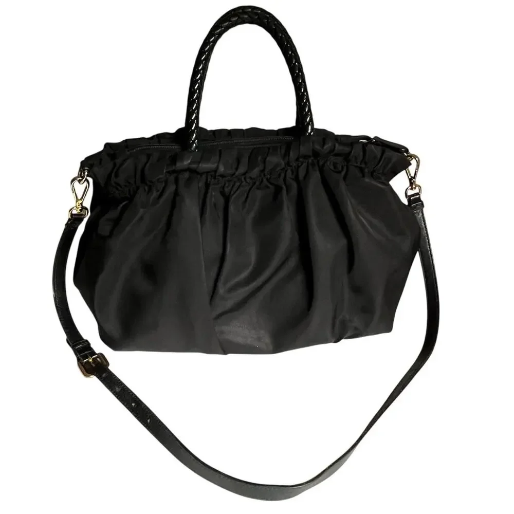 PRADA Authentic Tessuto Gaufre Ruched Nylon Satchel Handbag Black Gold Crossbody